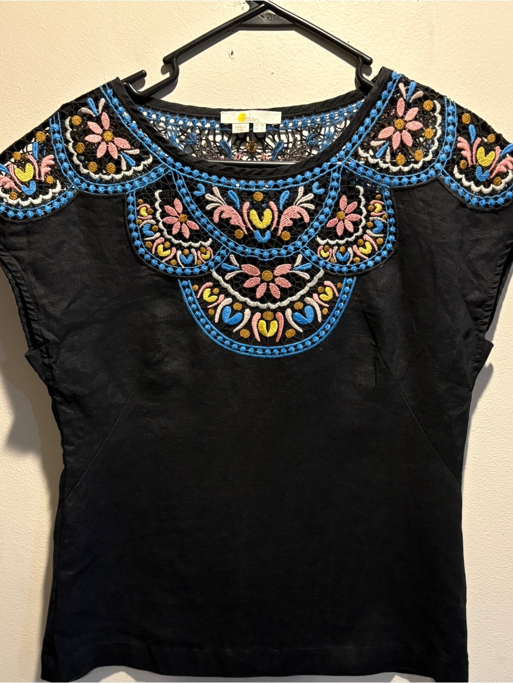 Boden Boho Black Tunic with Blue, Pink, Yellow & Cream Embroidery Jazz neckline